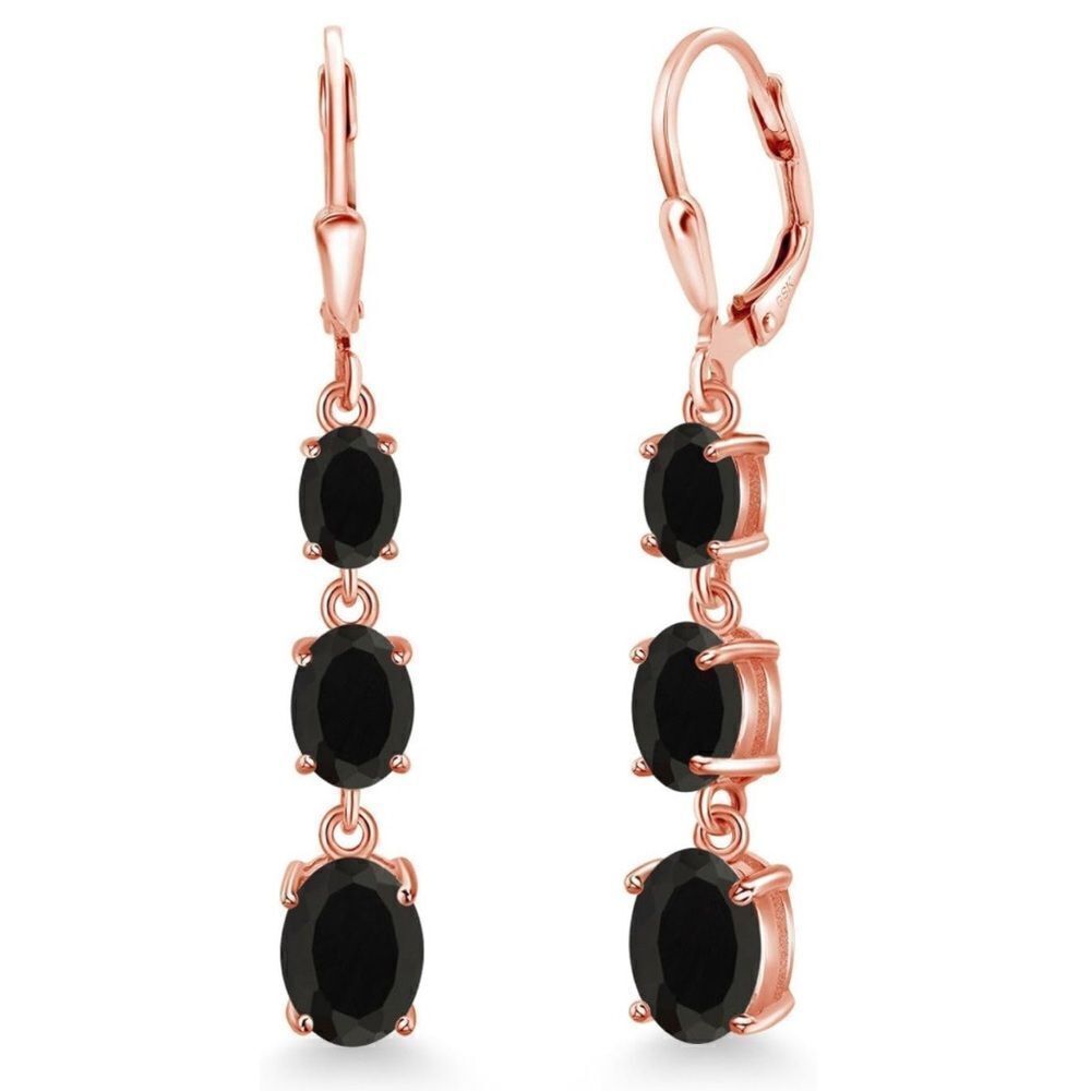 18K Rose Gold with 5.40 Cttw 3 Stone Black Onyx Dangling Leverback Drop Earrings